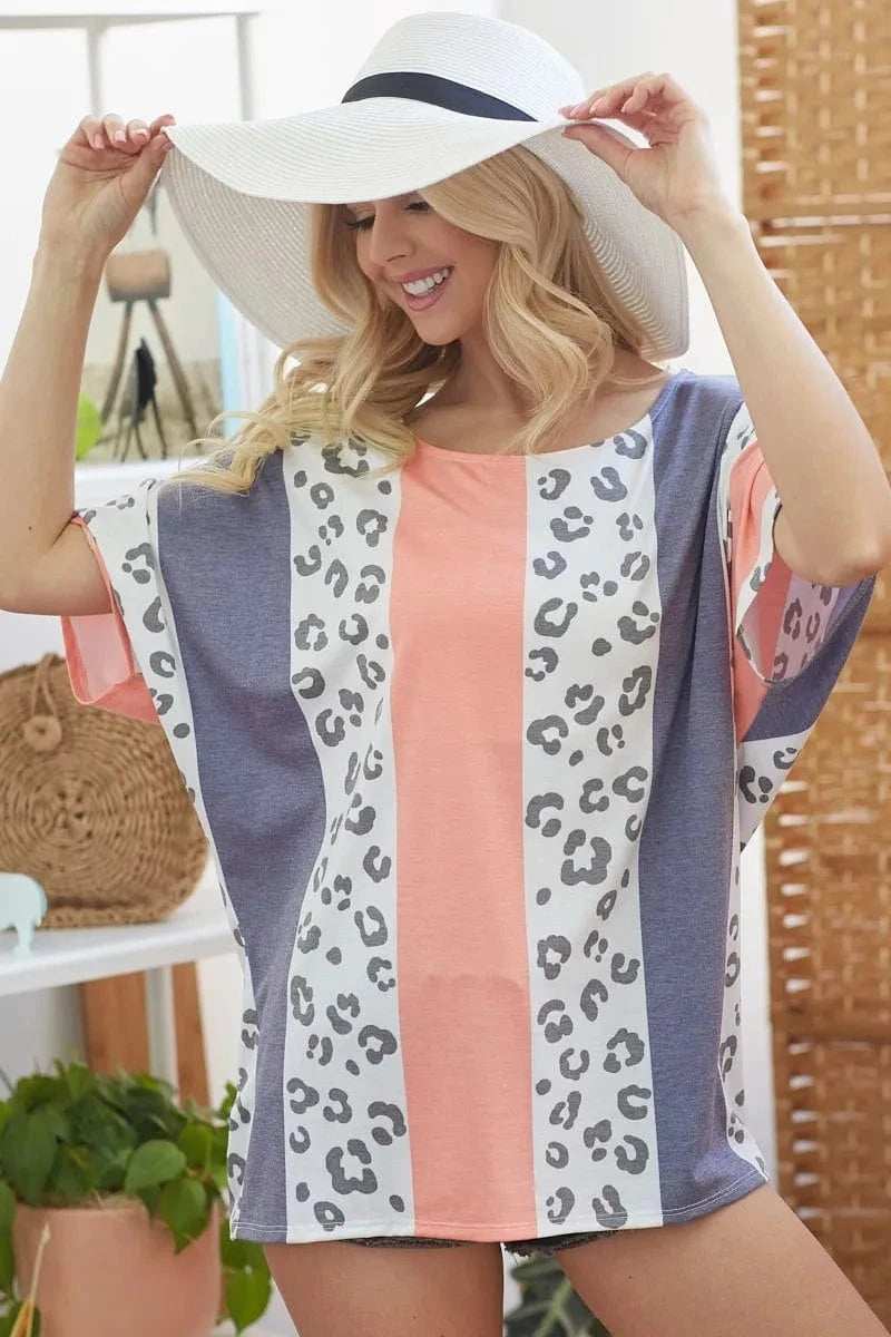 BiBi Leopard Stripe Printed French Terry Oversized Top - Trendsi - Flyclothing LLC
