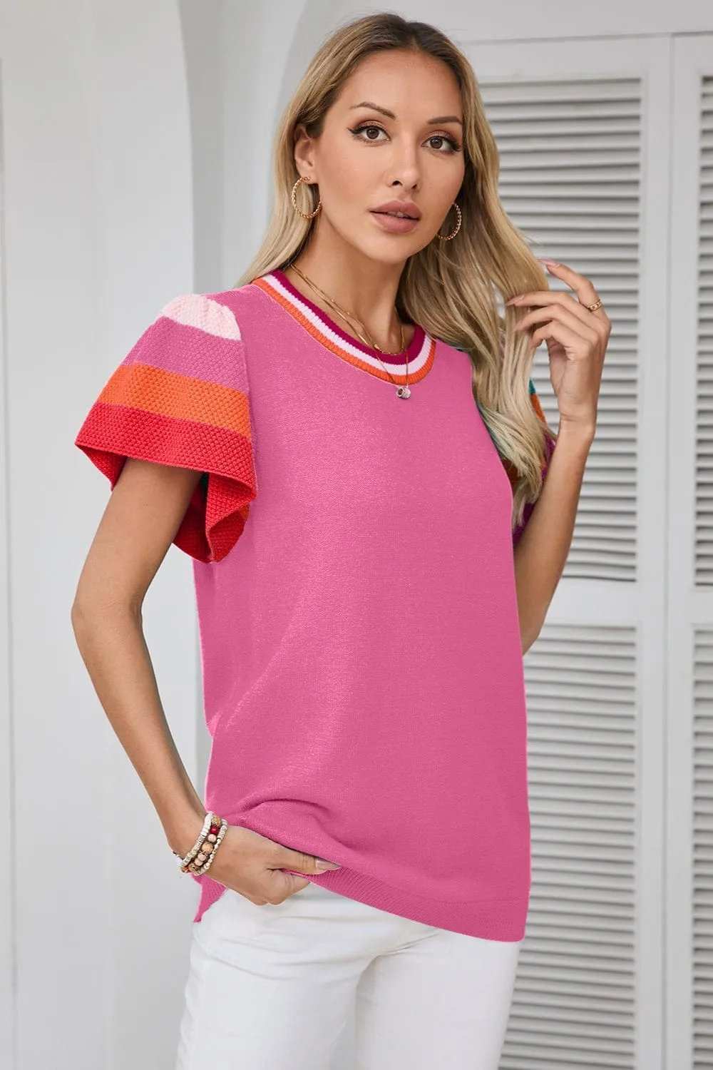 Color Block Round Neck Knit Top - Trendsi - Flyclothing LLC