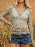 Floral Print Mesh Long Sleeve Top - Trendsi - Flyclothing LLC
