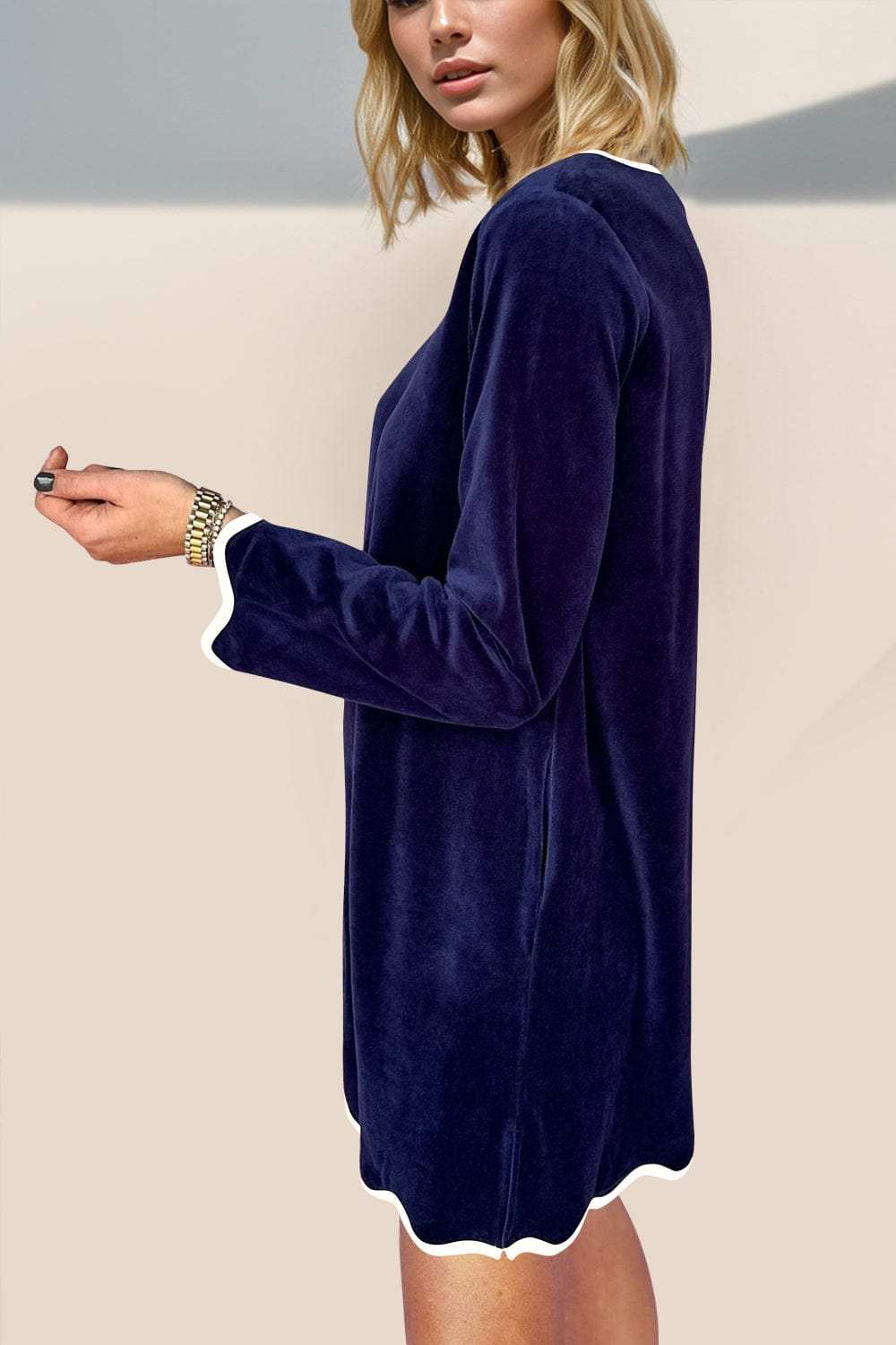 Double Take Wave Contrast Trim V-Neck Zip Up Long Sleeve Mini Dress - Trendsi - Flyclothing LLC