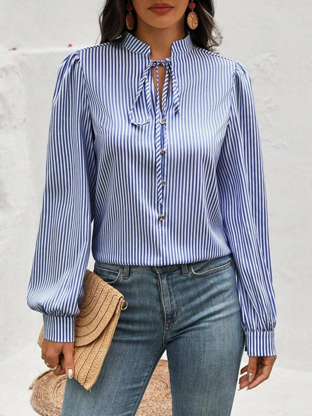 Striped Tie Neck Long Sleeve Blouse - Trendsi - Flyclothing LLC