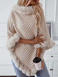 Fuzzy Trim Texture Three-Quarter Sleeve Poncho - Trendsi - Flyclothing LLC