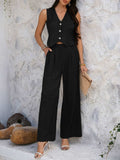 Devine Button Down Vest and Wide Leg Pants Set - Trendsi - Flyclothing LLC