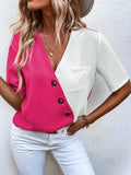 Decorative Button Surplice Short Sleeve Blouse - Trendsi - Flyclothing LLC
