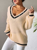 Contrast Trim V-Neck Long Sleeve Sweater - Trendsi - Flyclothing LLC
