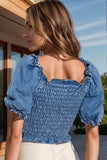 Smocked Square Neck Short Sleeve Denim Top - Trendsi - Flyclothing LLC