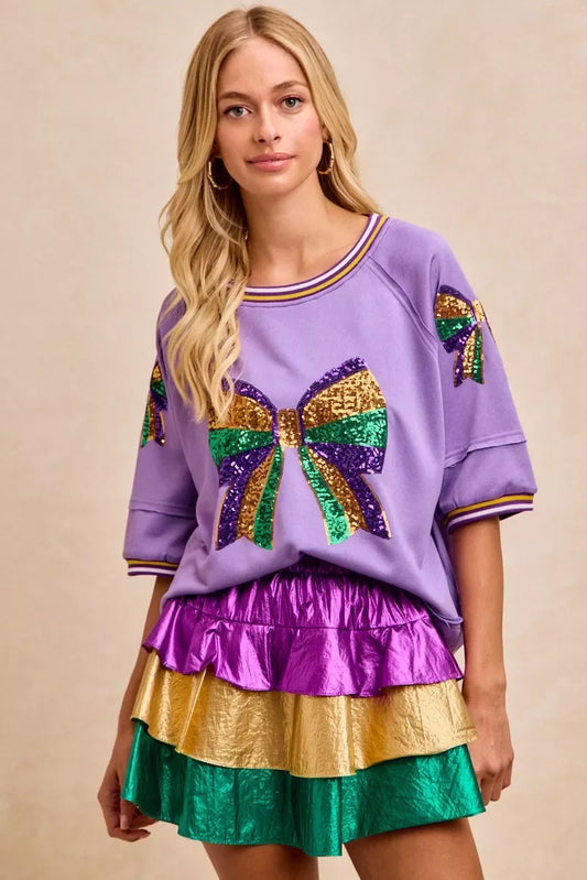 BiBi Mardi Gras Theme Ribbon Sequin Patched Top - Trendsi - Flyclothing LLC