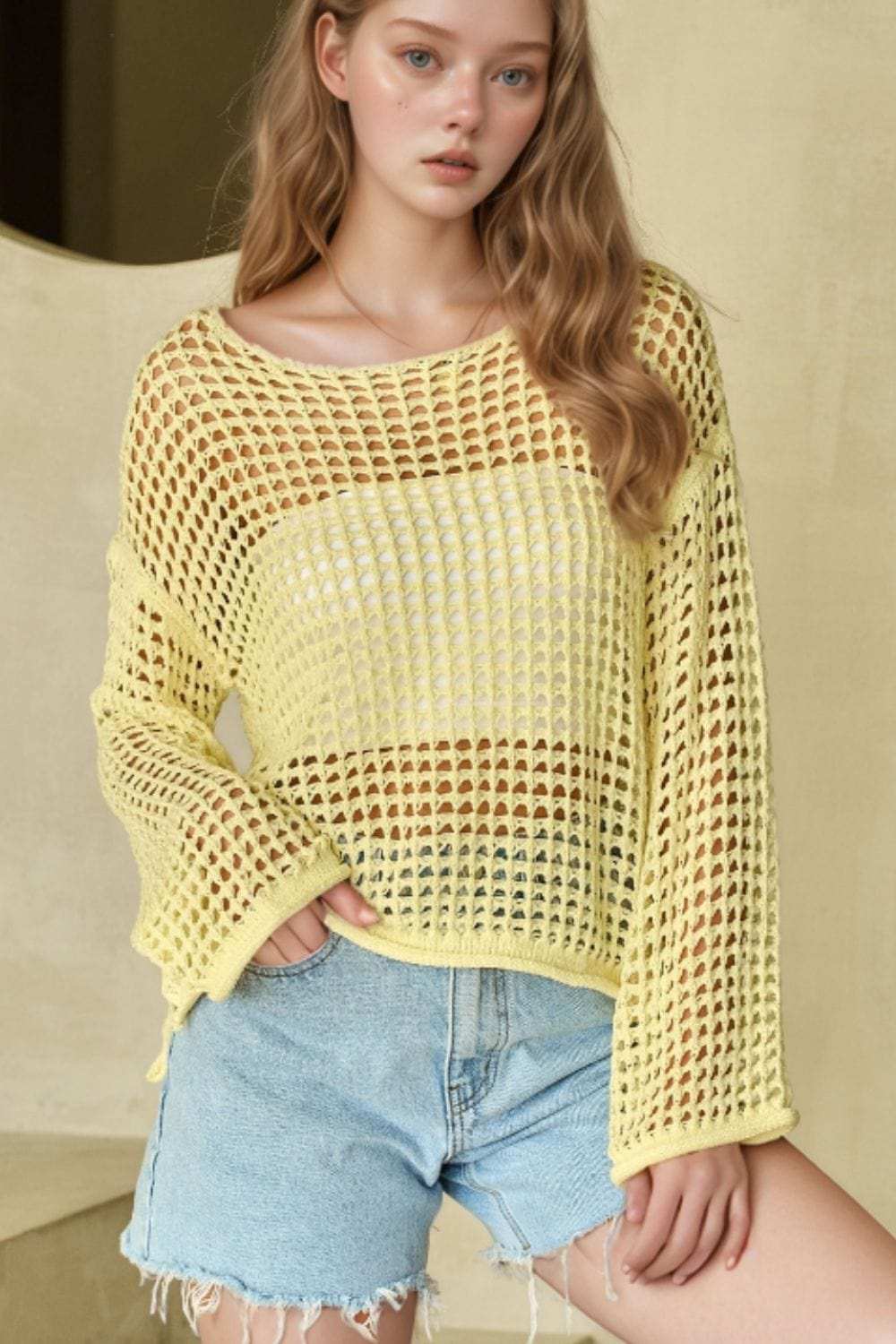 Openwork Round Neck Dropped Shoulder Knit Cover Up - Trendsi - Flyclothing LLC