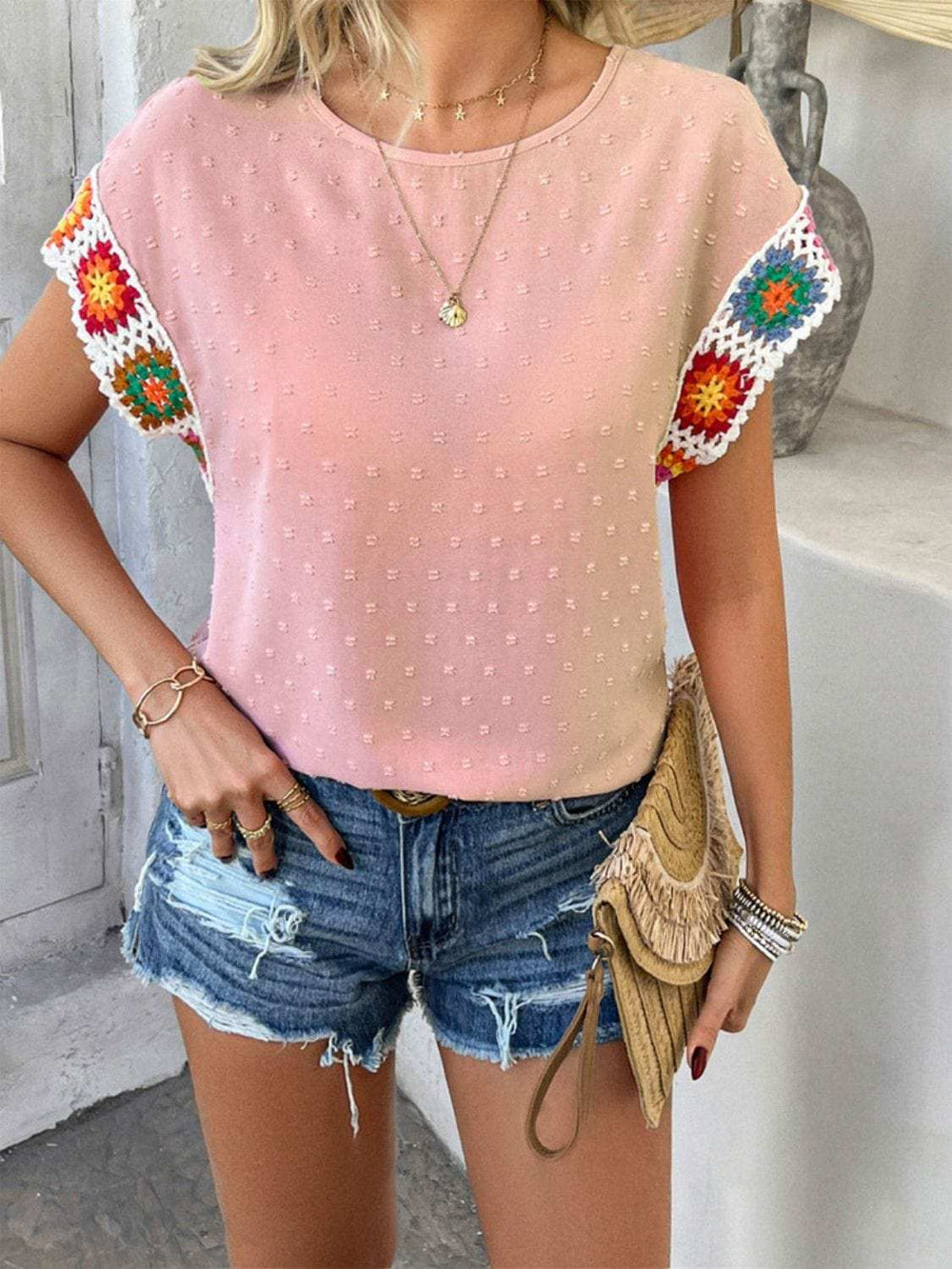 Devine Swiss Dot Round Neck Crochet Short Sleeve Top - Trendsi - Flyclothing LLC