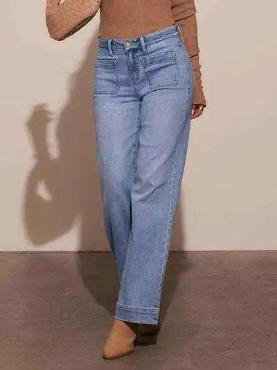 High Rise Front Pocket Patch Wide Leg Jeans - Trendsi - Flyclothing LLC