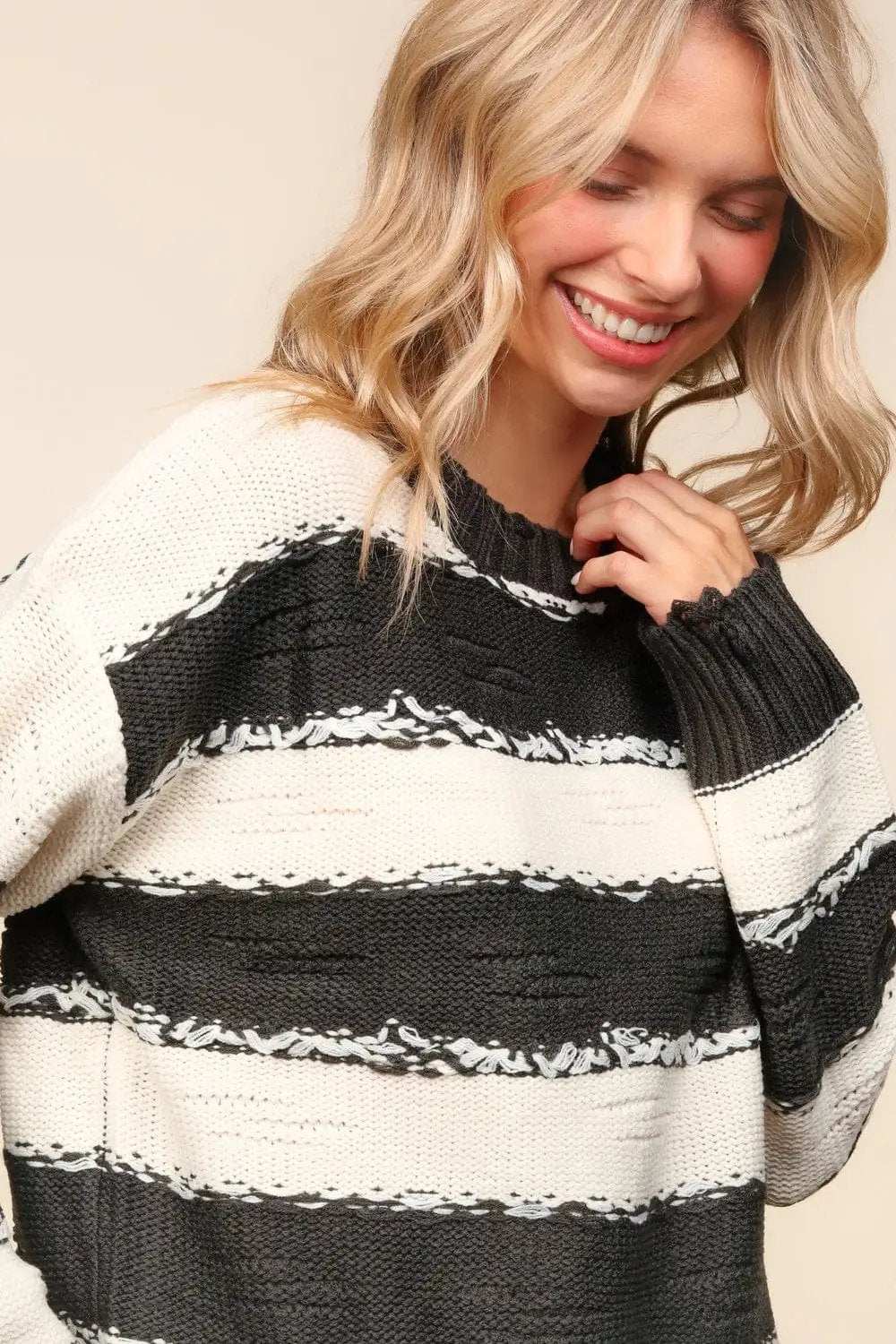 Haptics Striped Contrast Distressed Sweater - Trendsi - Flyclothing LLC