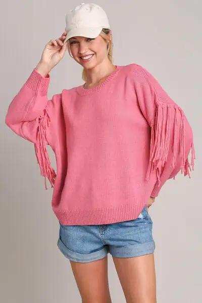 Umgee Full Size Fringe Round Neck Long Sleeve Sweater Plus Size - Trendsi - Flyclothing LLC