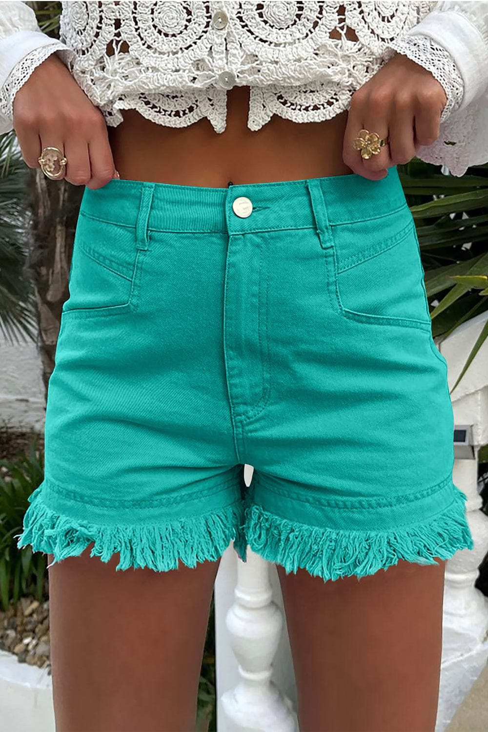 Raw Hem High Waist Denim Shorts - Trendsi - Flyclothing LLC