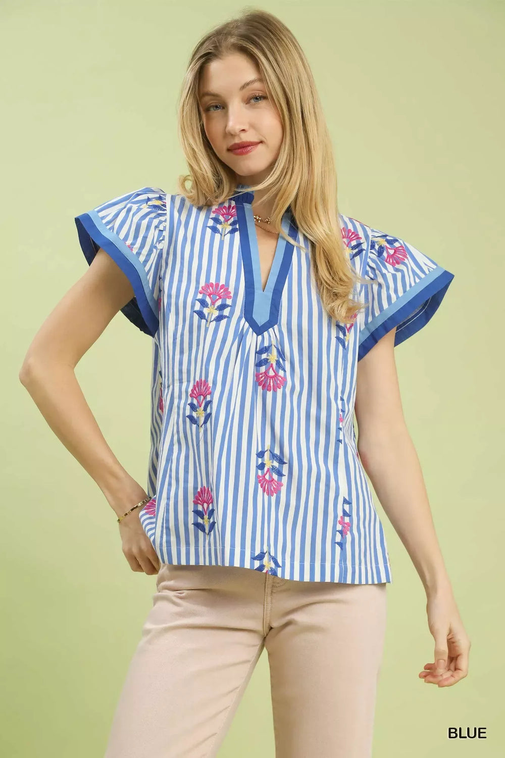 Umgee Embroidered Striped Flutter Sleeve Top - Trendsi - Flyclothing LLC
