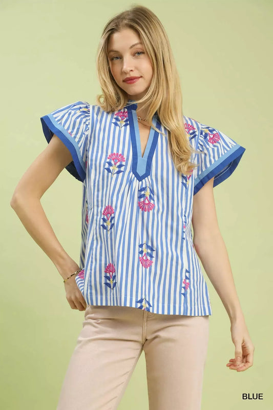 Umgee Embroidered Striped Flutter Sleeve Top - Trendsi - Flyclothing LLC