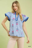 Umgee Embroidered Striped Flutter Sleeve Top - Trendsi - Flyclothing LLC