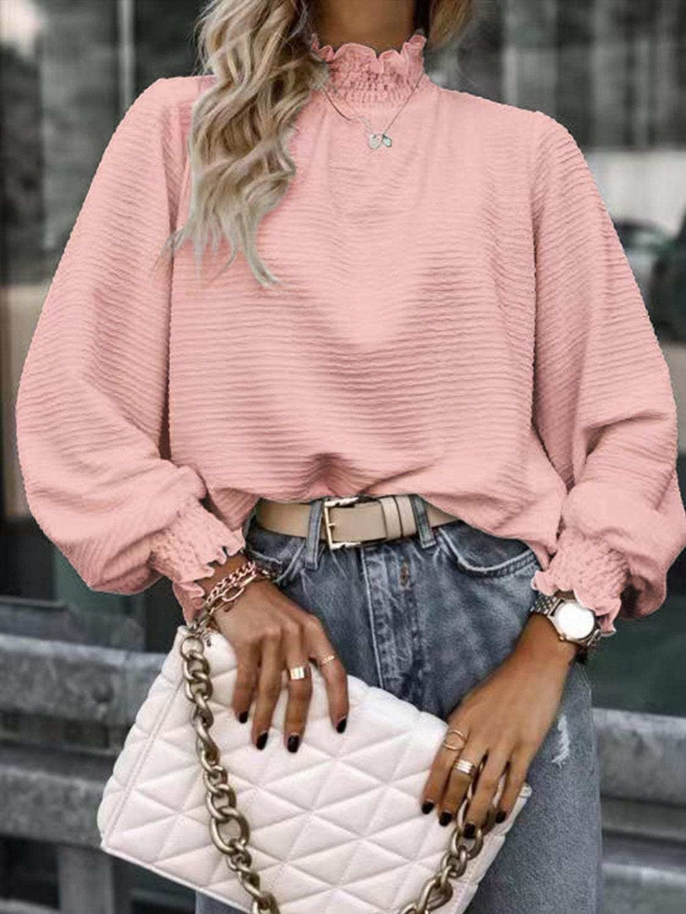 Smocked Frill Mock Neck Long Sleeve Blouse - Trendsi - Flyclothing LLC