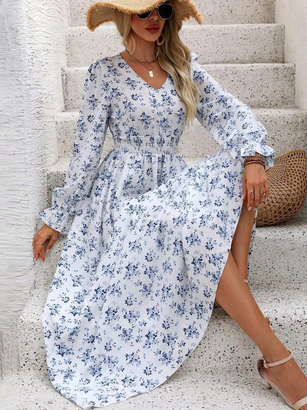 Smocked Printed V-Neck Flounce Sleeve Dress - Trendsi - Flyclothing LLC