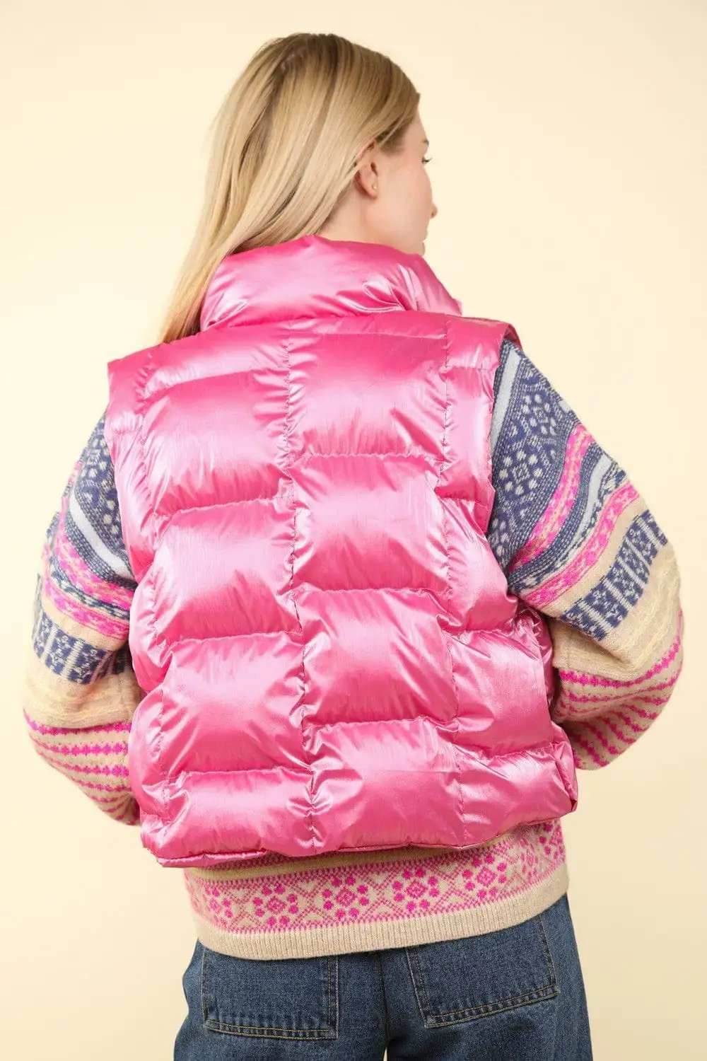 VERY J Shiny Metallic Zip Up Puffer Vest - Trendsi - Flyclothing LLC