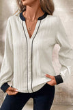 Contrast Notched Long Sleeve Blouse - Trendsi - Flyclothing LLC