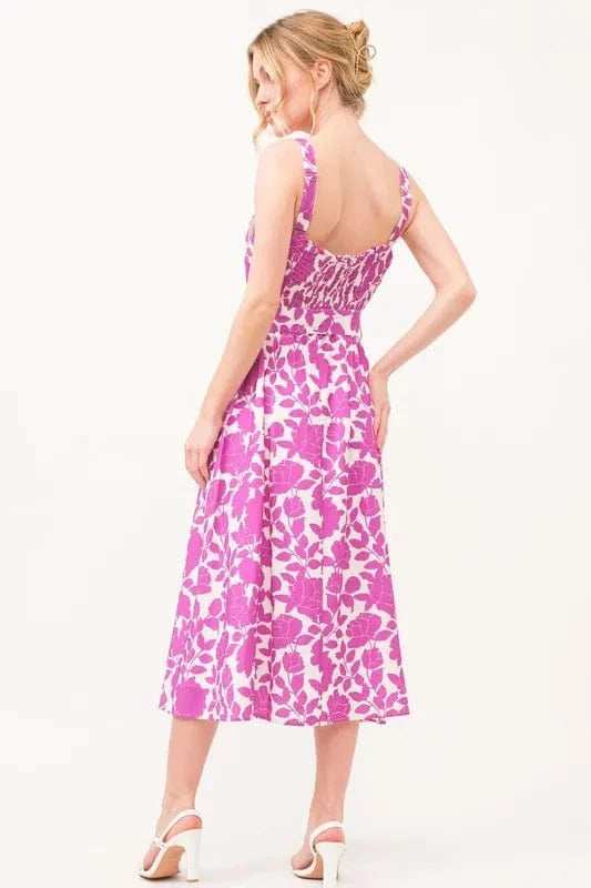 And The Why Square Neck Belted Floral Printed Midi Dress - Trendsi - Flyclothing LLC