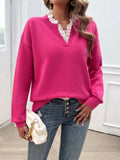 Lace Detail Notched Long Sleeve Sweater - Trendsi - Flyclothing LLC