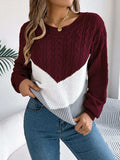 Cable-Knit Color Block Round Neck Sweater - Trendsi - Flyclothing LLC