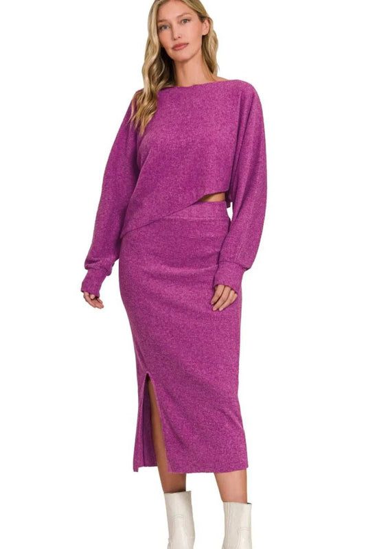 Zenana Ribbed Asymmetric Hem and Sleeve Top & Skirt Set - Trendsi - Flyclothing LLC