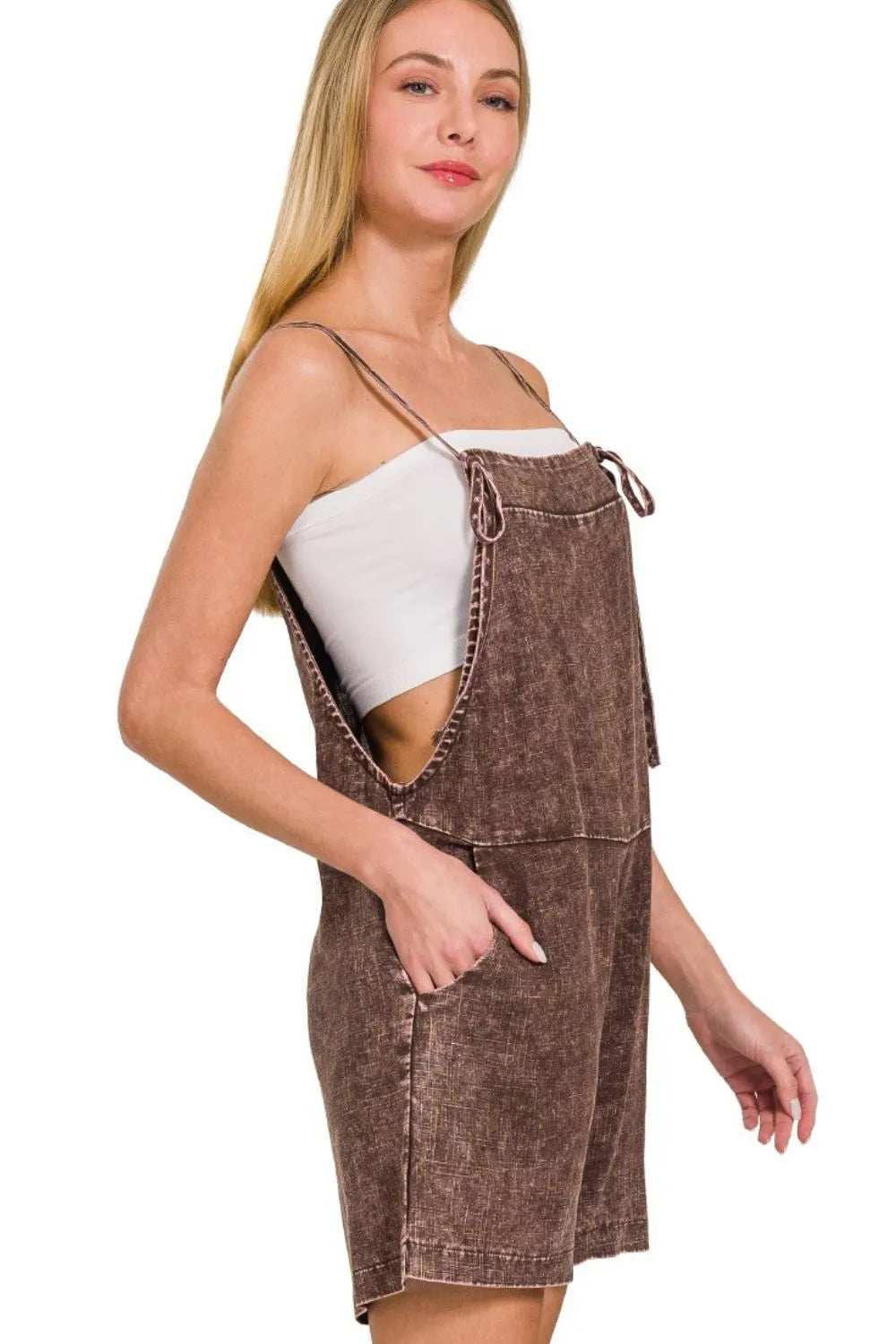 Zenana Washed Linen Knot Strap Rompers - Trendsi - Flyclothing LLC