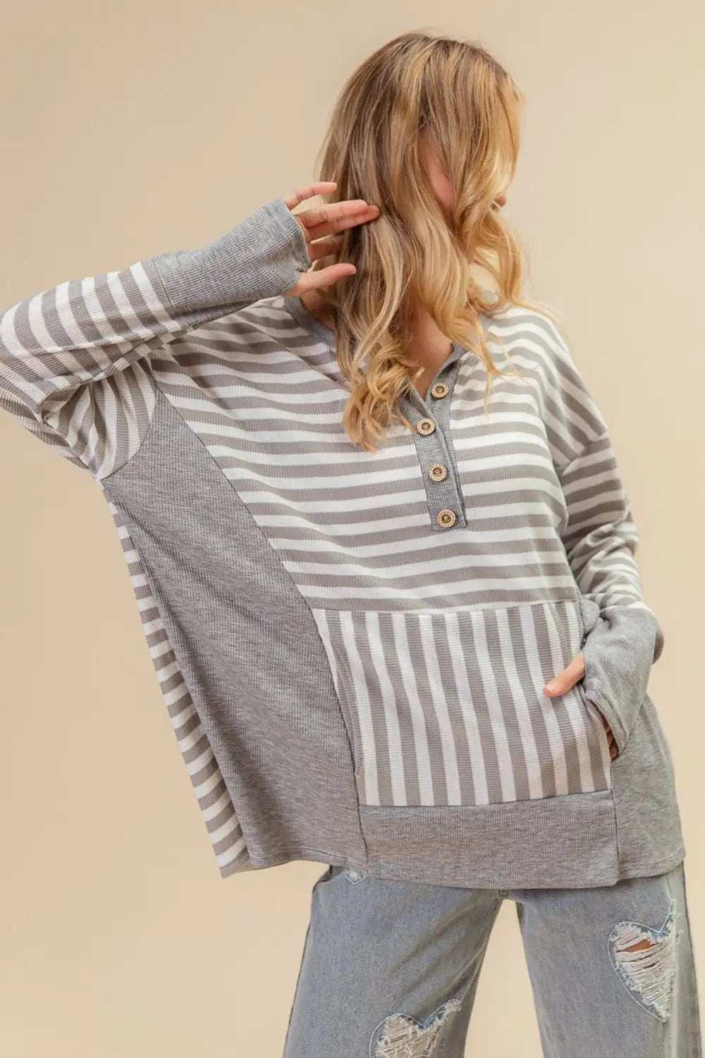 BiBi Striped Thumbhole Long Sleeve Top - Trendsi - Flyclothing LLC