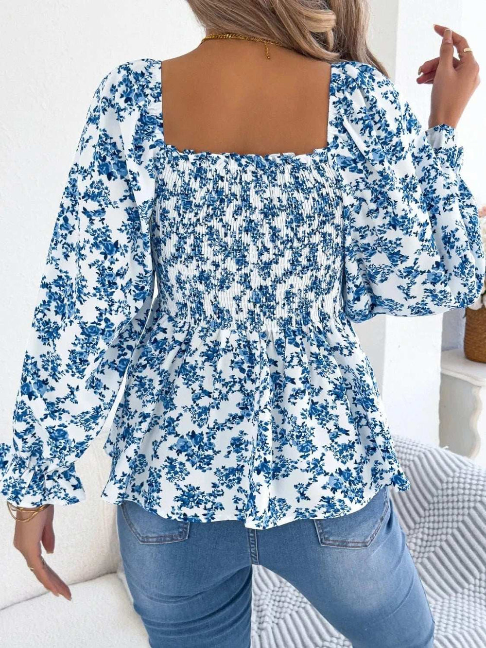 Floral Square Neck Flounce Sleeve Blouse - Trendsi - Flyclothing LLC