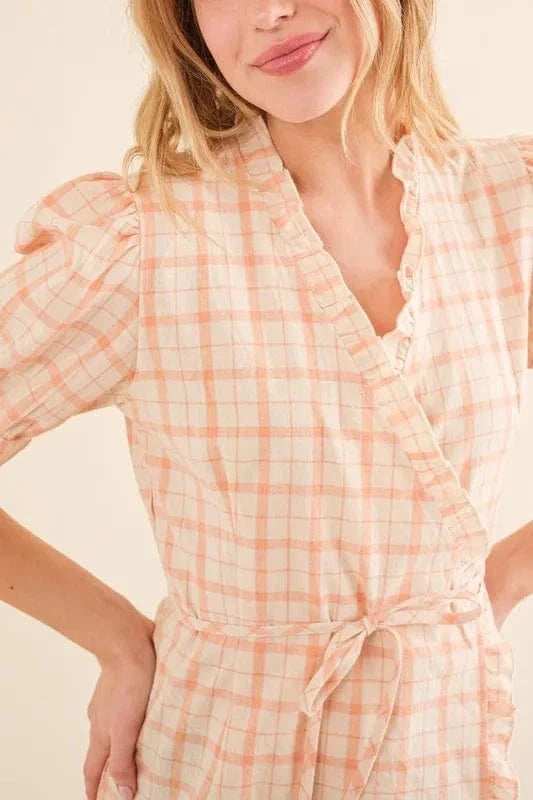 And The Why Plaid Patterned and Ruffled Wrap Blouse Top - Trendsi - Flyclothing LLC