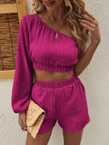 One Shoulder Long Sleeve Top and Shorts Set - Trendsi - Flyclothing LLC