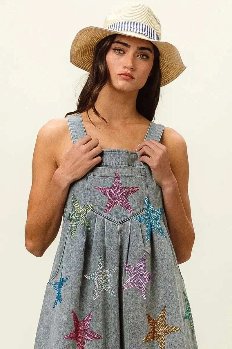 BiBi Star Rhinestone Washed Wide Leg Shortalls - Trendsi - Flyclothing LLC
