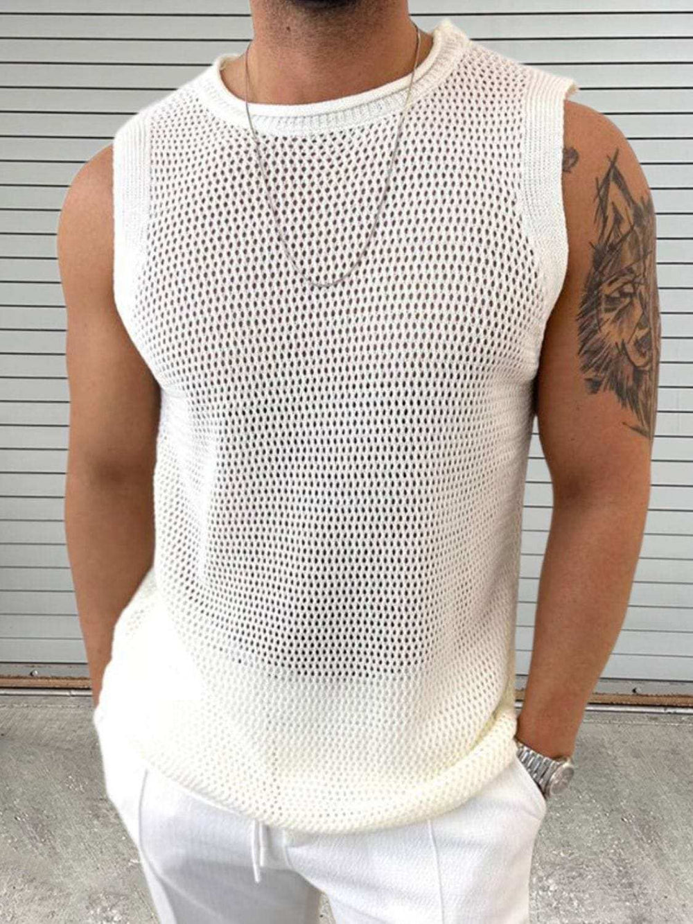 Men's Openwork Round Neck Sleeveless Knit Top - Trendsi - Flyclothing LLC