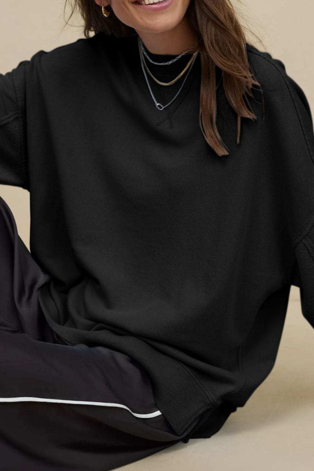 Side Slit Round Neck Long Sleeve Sweatshirt - Trendsi - Flyclothing LLC