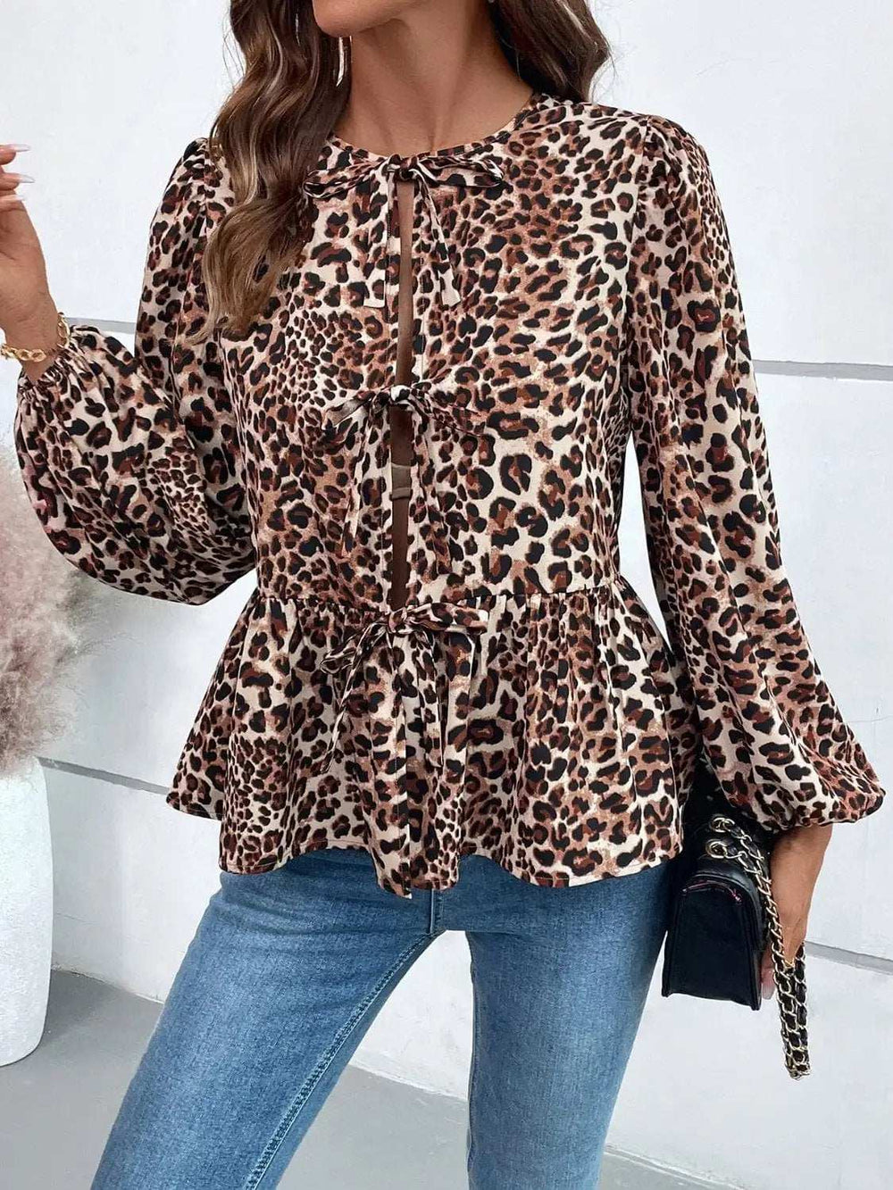 Ivy Lane Peplum Tied Long Sleeve Blouse - Trendsi - Flyclothing LLC