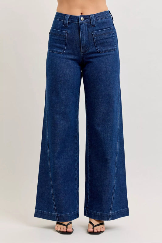 Judy Blue High-Waisted Retro Wide Jeans with Patch Pkts & Twisted Seams - Trendsi - Flyclothing LLC