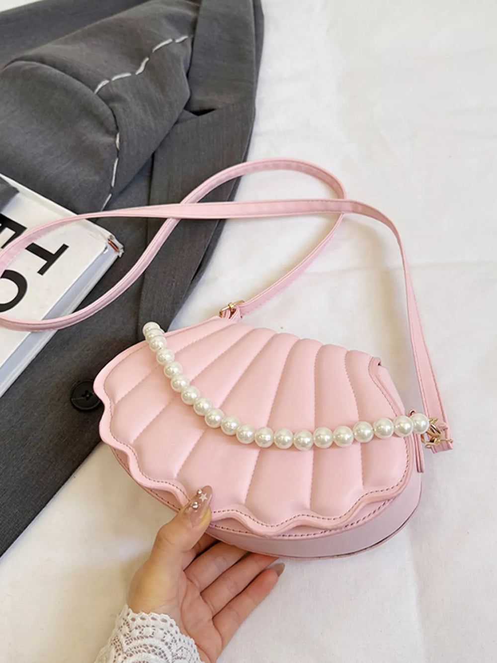 Shell-Shaped Pearl Decor Crossbody Bag - Trendsi - Flyclothing LLC