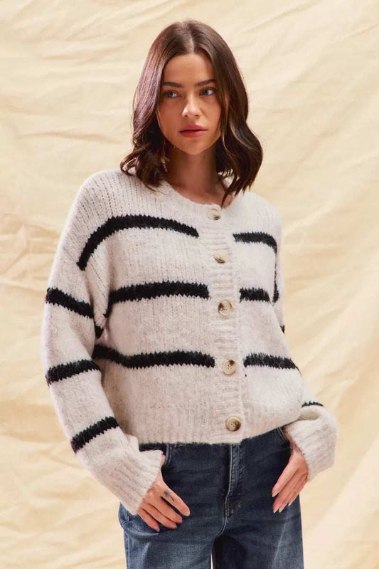 SO ME Stripe Soft Touch Button Cozy Sweater Cardigan - Trendsi - Flyclothing LLC
