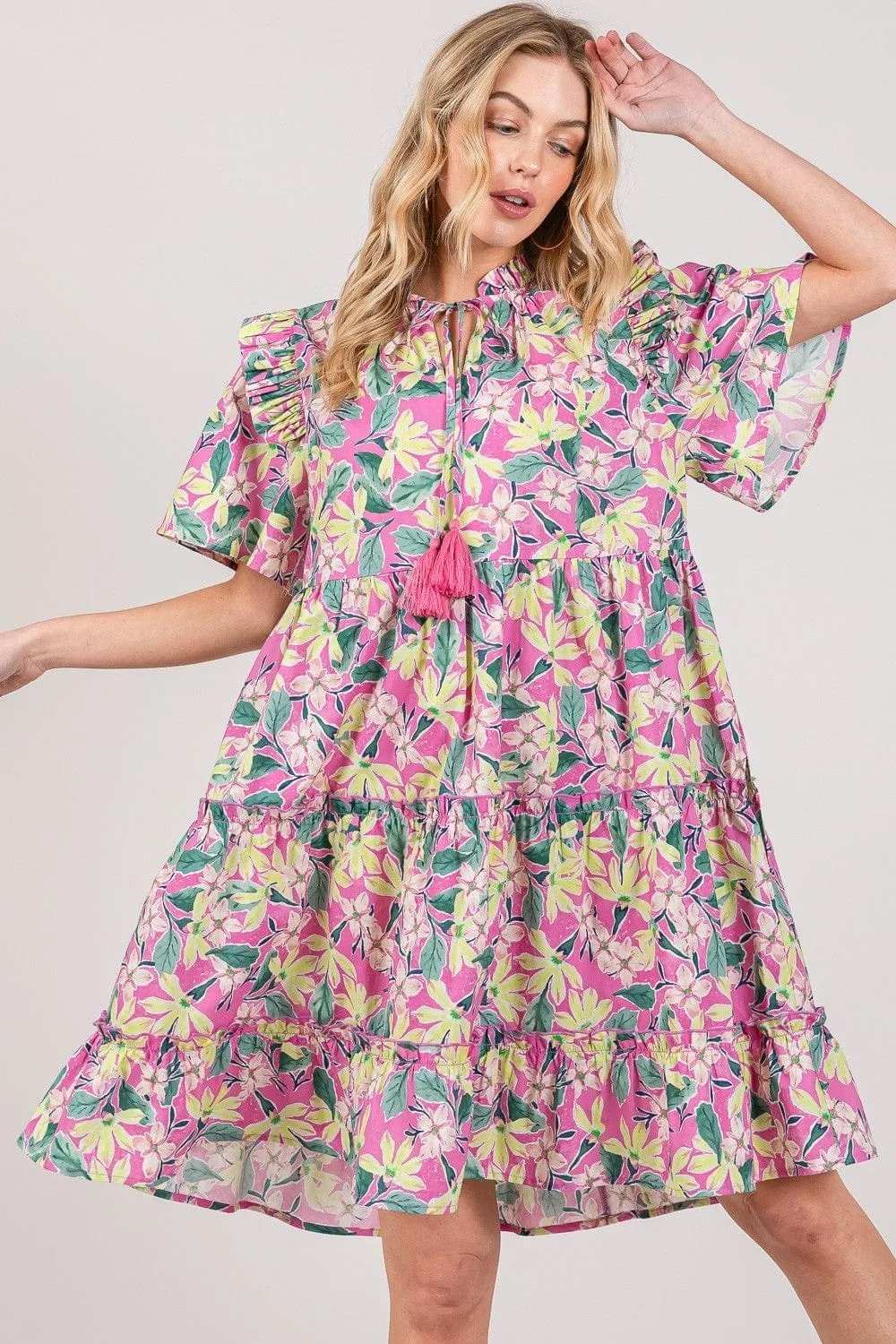 SAGE + FIG Floral Ruffle Short Sleeve Dress - Trendsi - Flyclothing LLC