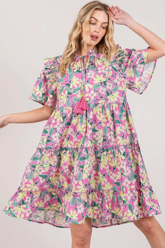 SAGE + FIG Floral Ruffle Short Sleeve Dress - Trendsi - Flyclothing LLC