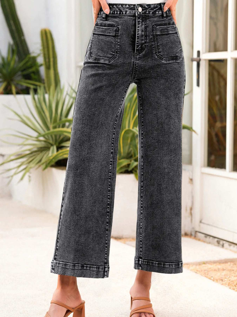 High-Waisted Wide Leg Washed Jeans - Trendsi - Flyclothing LLC