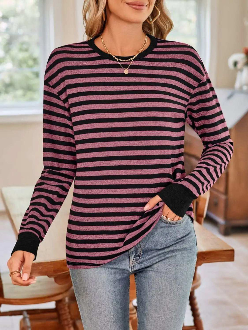 Striped Round Neck Long Sleeve T-Shirt - Trendsi - Flyclothing LLC
