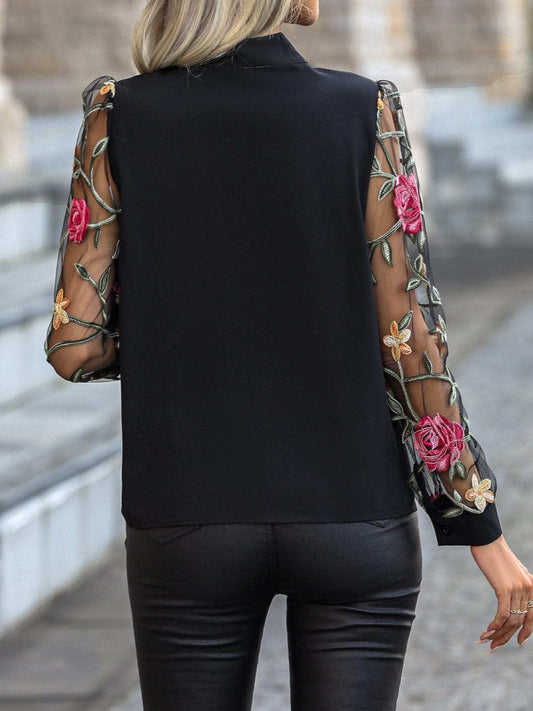 Printed Tie Neck Long Sleeve Blouse - Trendsi - Flyclothing LLC
