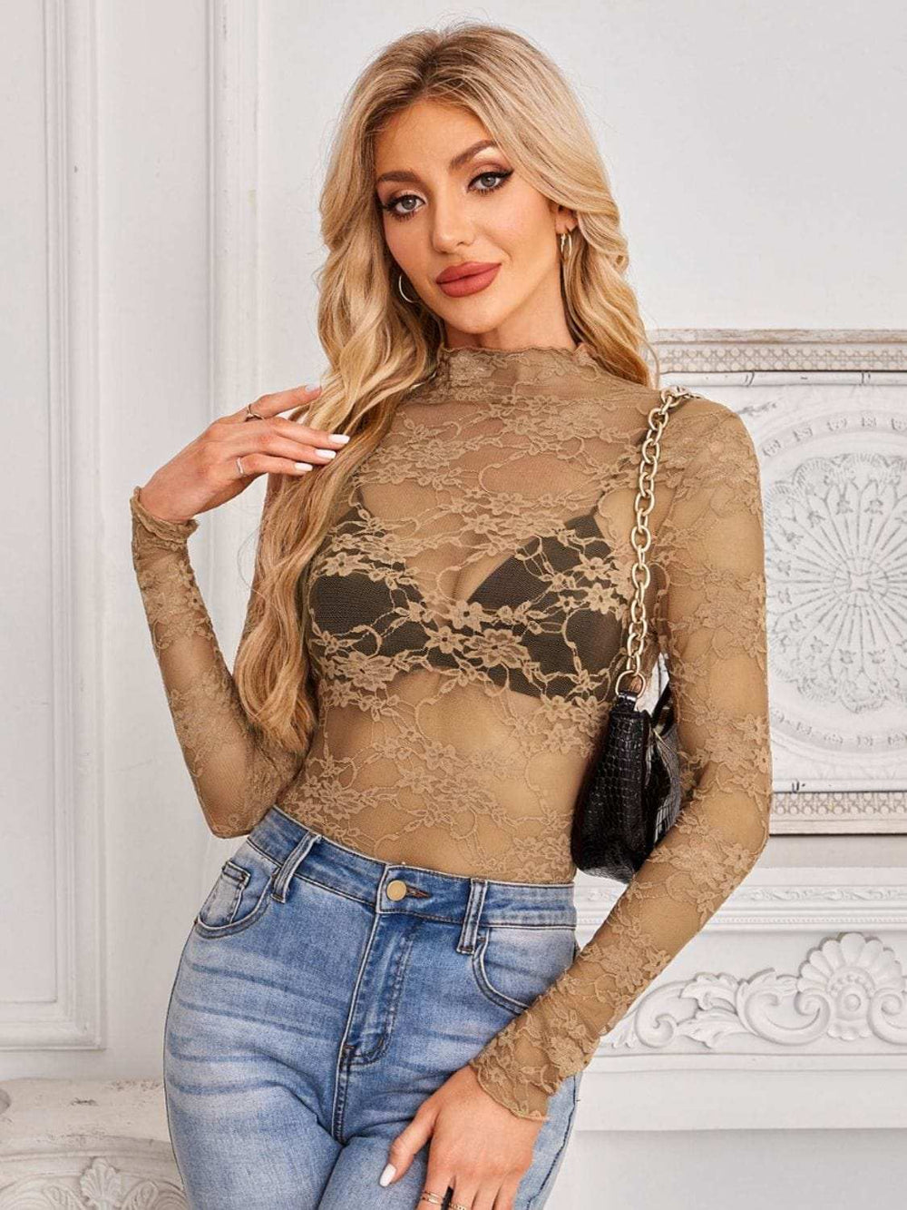 Mock Neck Long Sleeve Lace Sheer Top - Trendsi - Flyclothing LLC
