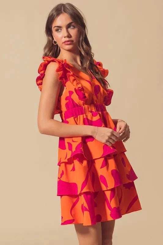 SO ME Floral V Neck Layered Dress with Elasticized Waist - Trendsi - Flyclothing LLC
