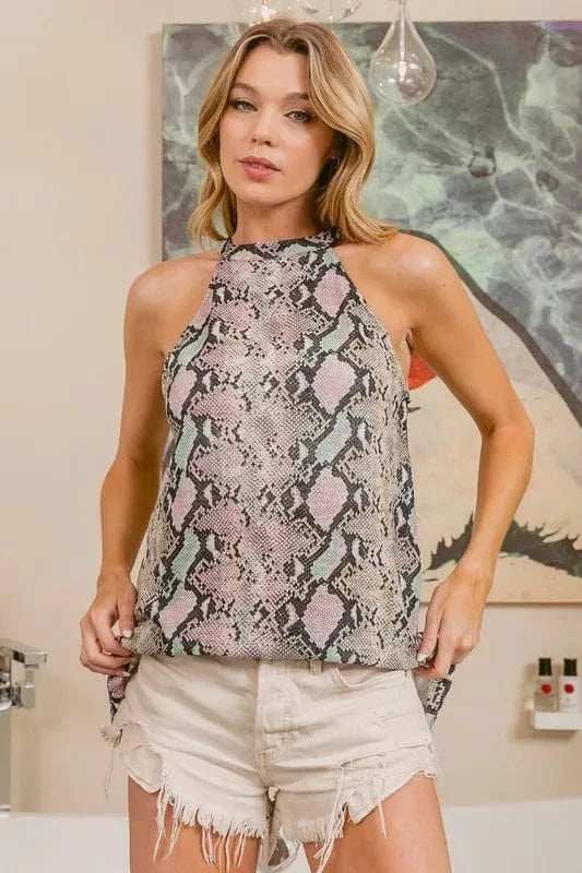BiBi Snakeskin Print Low Gauge Knit Halter Neck Top - Trendsi - Flyclothing LLC