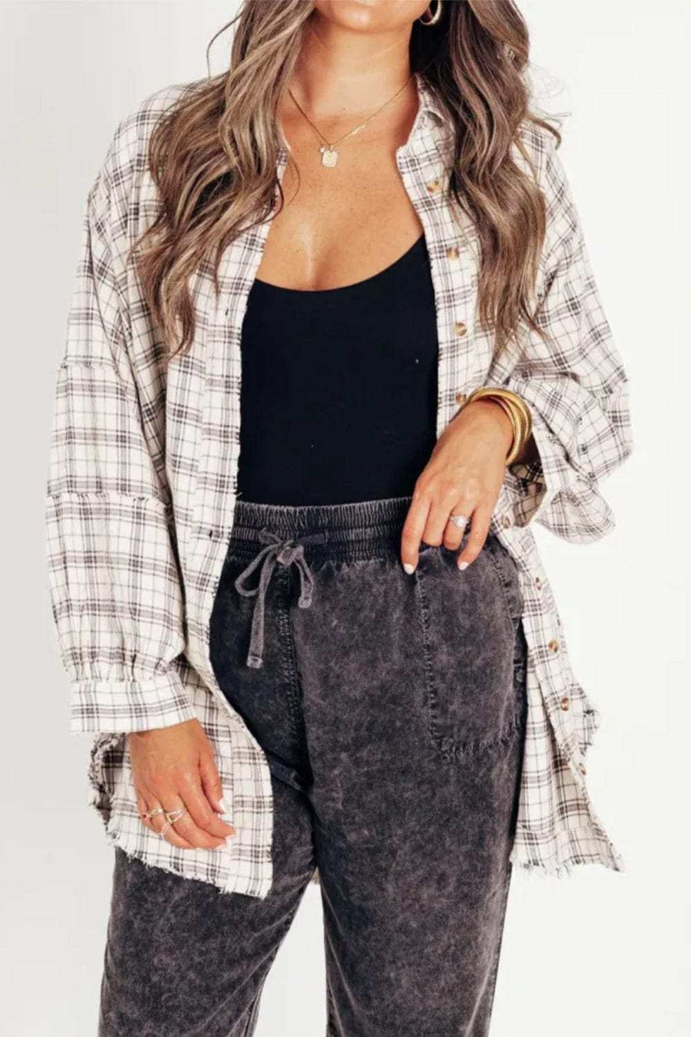 Exposed Seam Plaid Collared Neck Long Sleeve Shirt - Trendsi - Flyclothing LLC