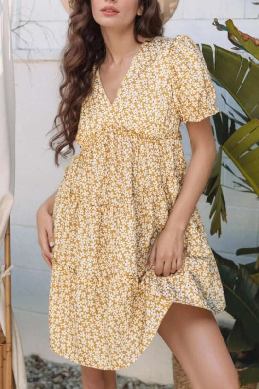 Floral Short Sleeve Surplice Frilly Tiered Mini Dress - Trendsi - Flyclothing LLC